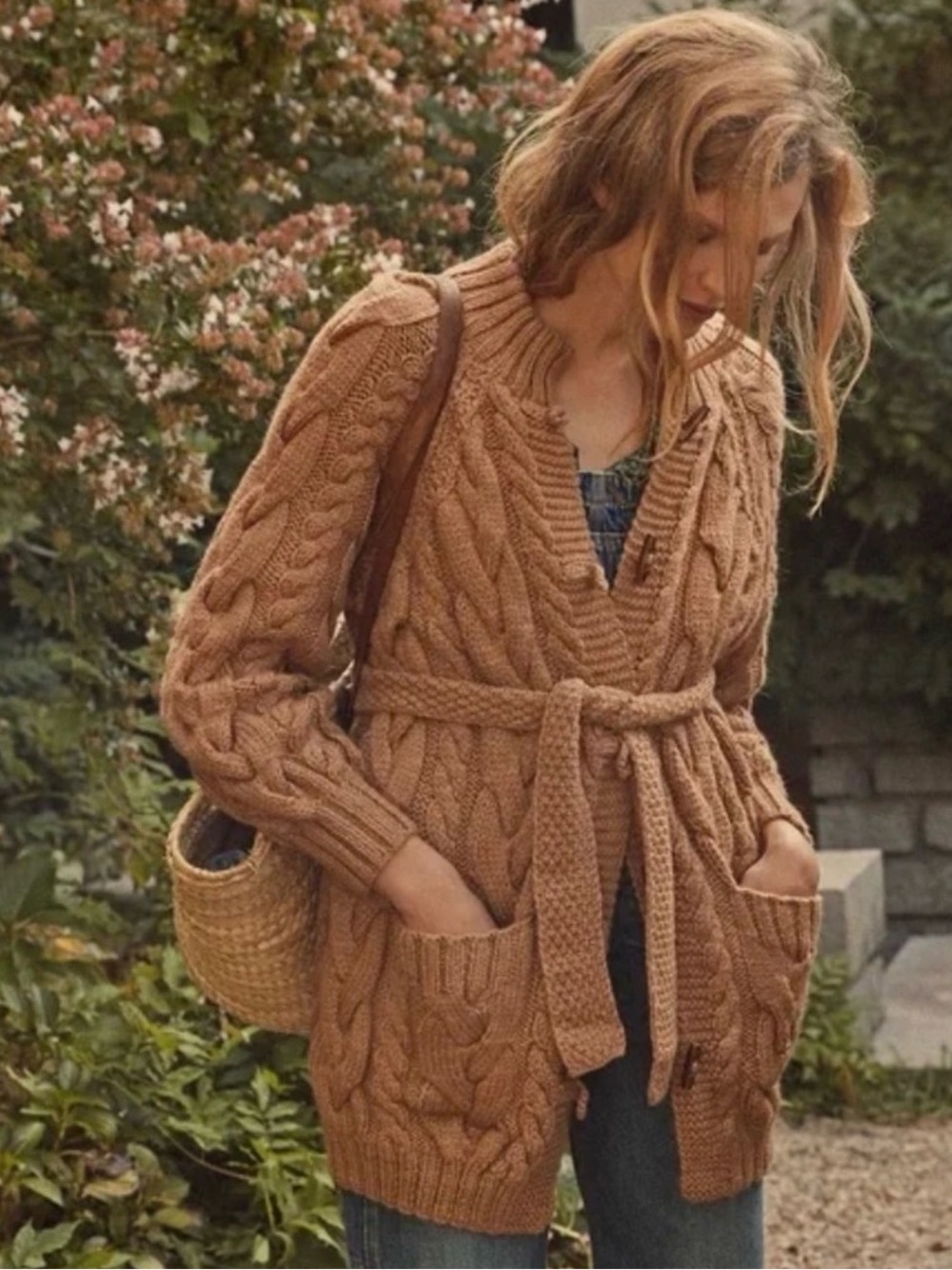 Doen Cable-Knit Belted Cardigan in Warm Tan